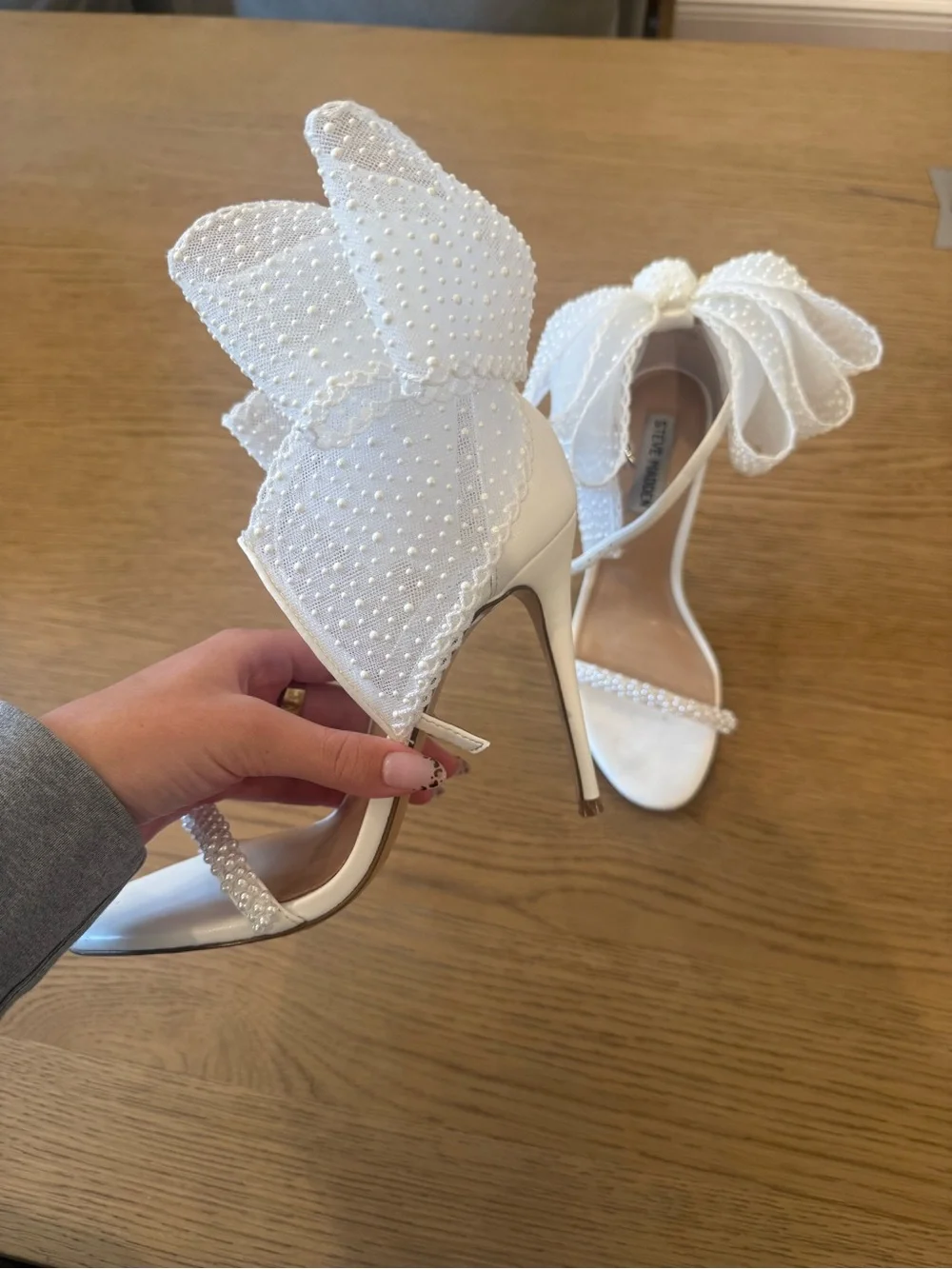 Steve Madden White Beaded Bow Ankle Strap Heels